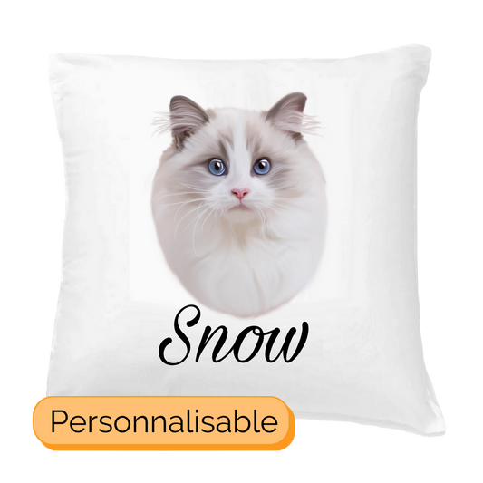 Coussin avec portrait d'un chat ragdoll personnalisable avec un prénom