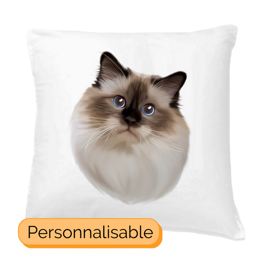 Coussin avec portrait d'un chat sacrĂ© de birmanie personnalisable avec un prĂ©nom