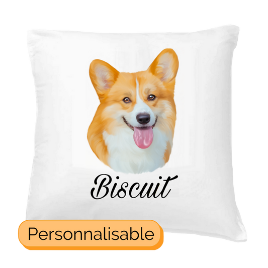 Coussin avec portrait d'un corgi et personnalisable avec un prénom