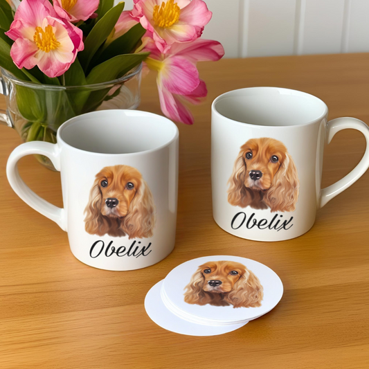 Formule cadeau duo avec deux mugs et des stickers à l'effigie d'un portrait personnalisé d'un animal de compagnie