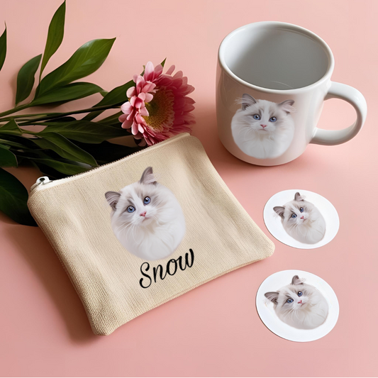 Formule portrait animal personnalisé avec une trousse, un mug et des stickers