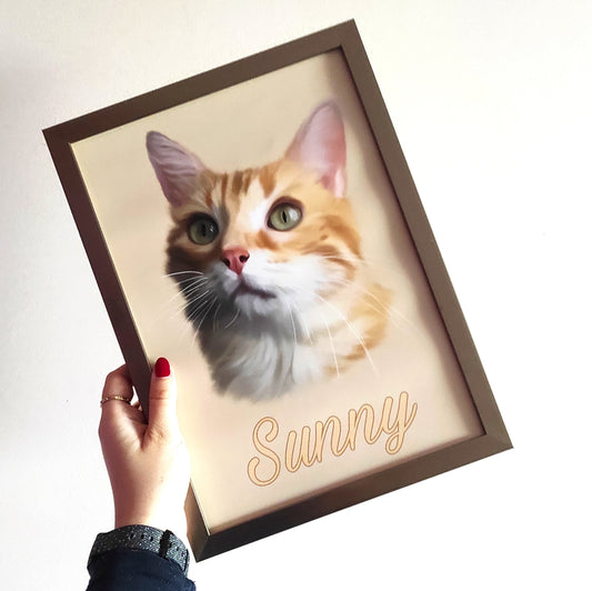 Portrait personnalisĂ© digital imprimĂ© d'un chat avec son prĂ©nom Sunny