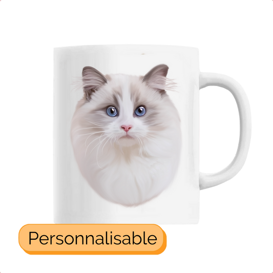 Tasse avec portrait d'un chat ragdoll personnalisable avec un prĂ©nom