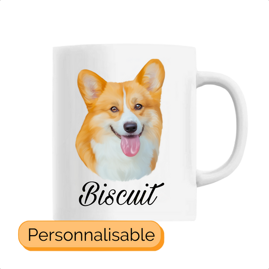 Tasse avec portrait d'un chien corgi personnalisable avec son prénom