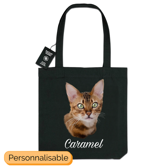 Totebag noir avec portrait d'un chat bengal personnalisable avec un prĂ©nom
