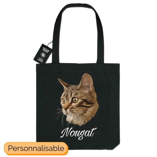 Totebag noir avec portrait d'un chat european shorthair personnalisable avec un prĂ©nom