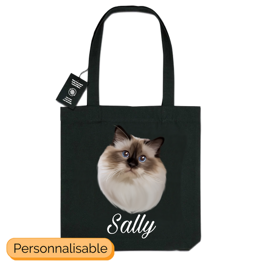 Totebag noir avec portrait d'un chat sacrĂ© de birmanie personnalisable avec un prĂ©nom