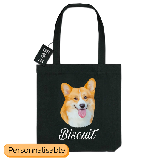 Totebag noir avec un portrait imprimé d'un corgi personnalisable avec un prénom