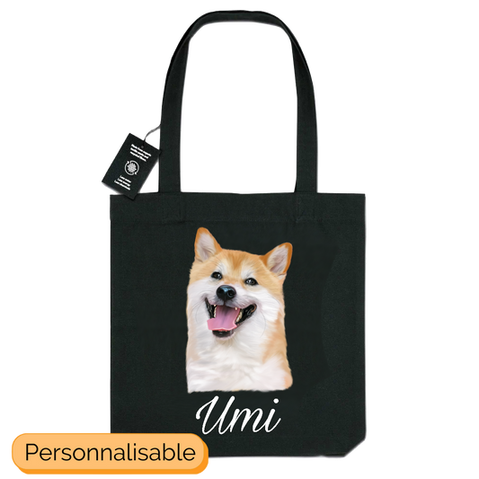 Totebag noir avec portrait d'un chien shiba inu personnalisable avec un prénom
