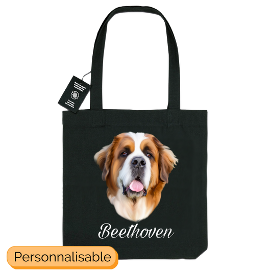 Totebag noir saint bernard personnalisable avec un prénom