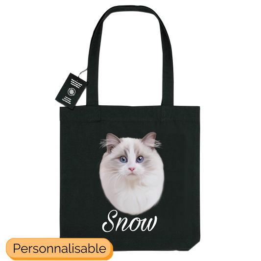 Totebag noir avec portrait d'un chat ragdoll personnalisable avec un prĂ©nom