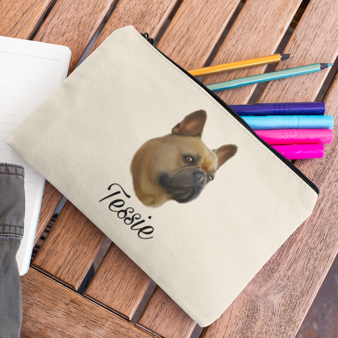 Trousse avec portrait d'un chien bouledogue français personnalisable avec un prénom