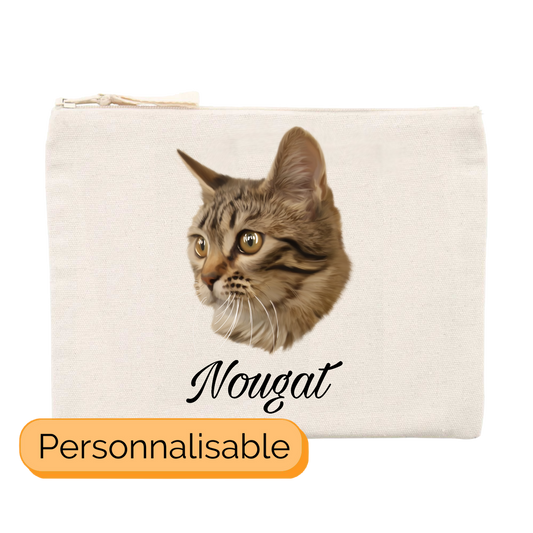 Trousse avec portrait d'un chat european shorthair personnalisable avec un prĂ©nom