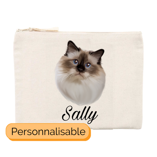 Trousse avec portrait d'un chat sacrĂ© de birmanie personnalisable avec un prĂ©nom