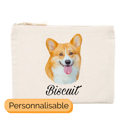 Trousse avec un portrait de corgi personnalisable avec un prénom