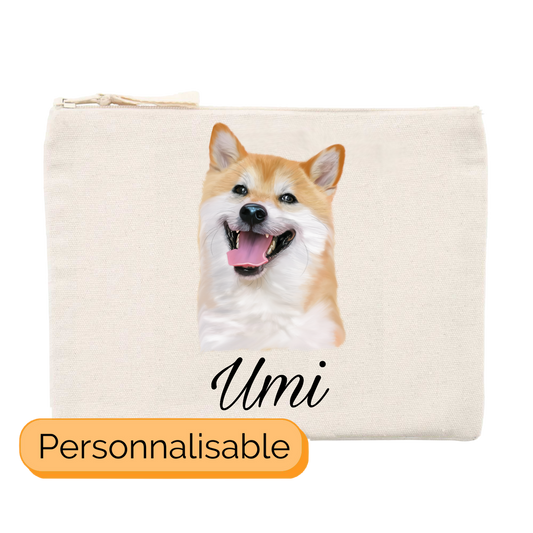 Trousse avec portrait d'un chien shiba inu personnalisable avec un prénom