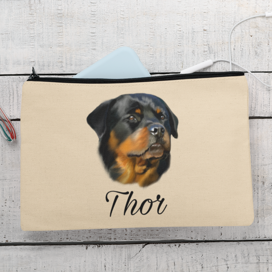 Trousse avec un portrait d'un rottweiler personnalisable avec un prénom