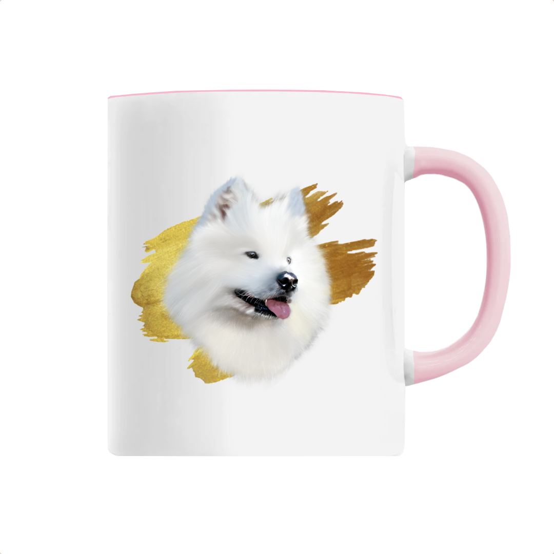 Tasse céramique portrait chien samoyède rose