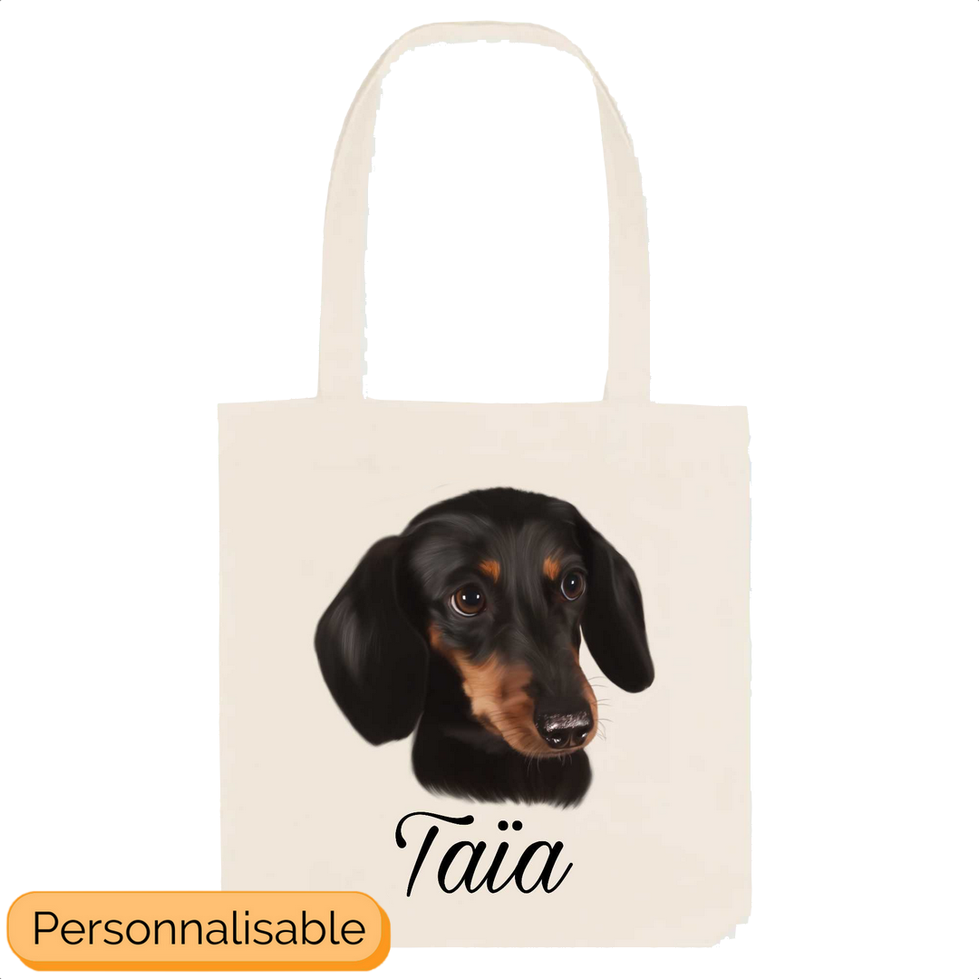 Totebag à personnaliser avec nom portrait teckel nain chien