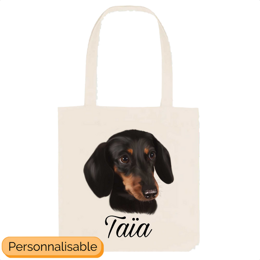 Totebag à personnaliser avec nom portrait teckel nain chien