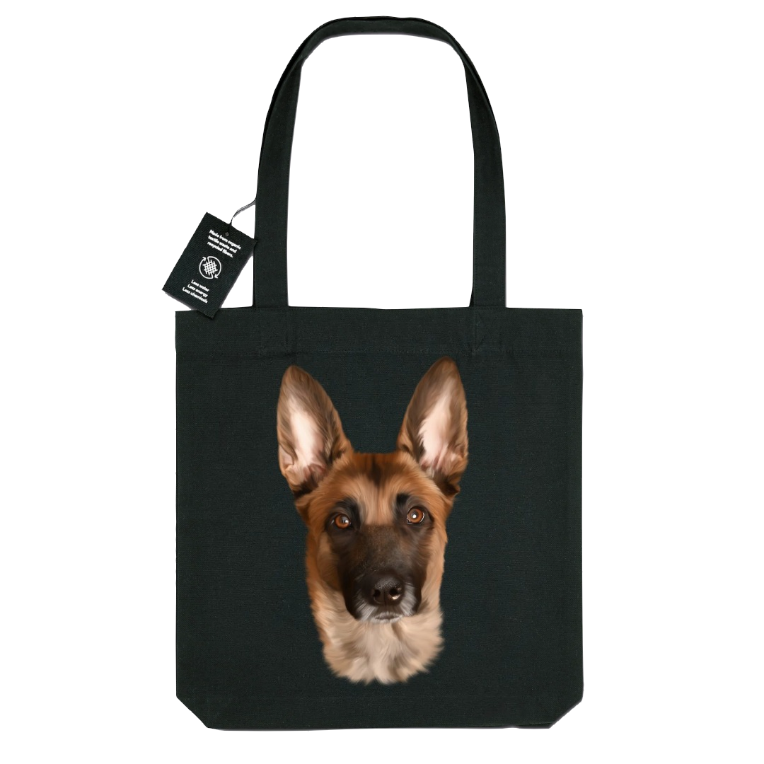 Totebag noir portrait chien berger malinois