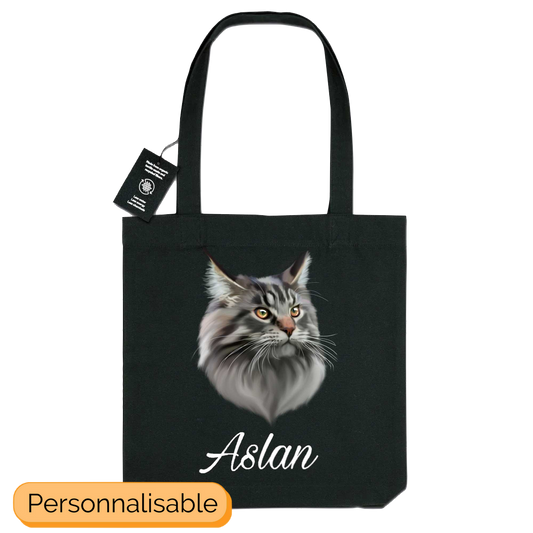 Totebag noir avec portrait d'un chat maine coon gris personnalisable avec un prénom