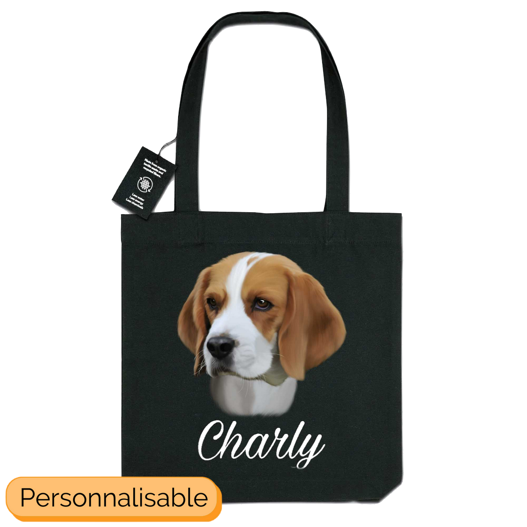 Totebag noir personnalisable avec nom chien beagle