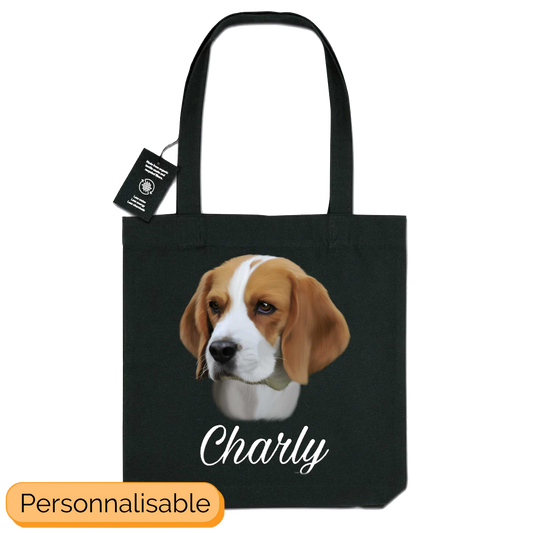 Totebag noir personnalisable avec nom chien beagle