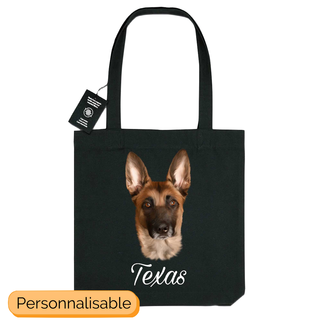 Totebag noir personnalisable avec nom portrait chien berger malinois