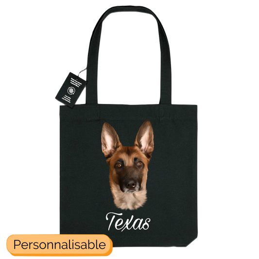 Totebag noir personnalisable avec nom portrait chien berger malinois