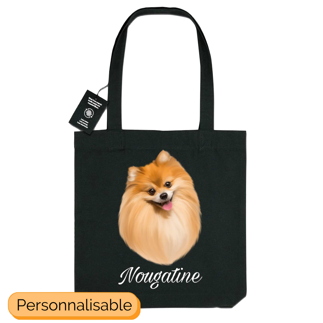 Totebag noir personnalisable avec nom chien spitz