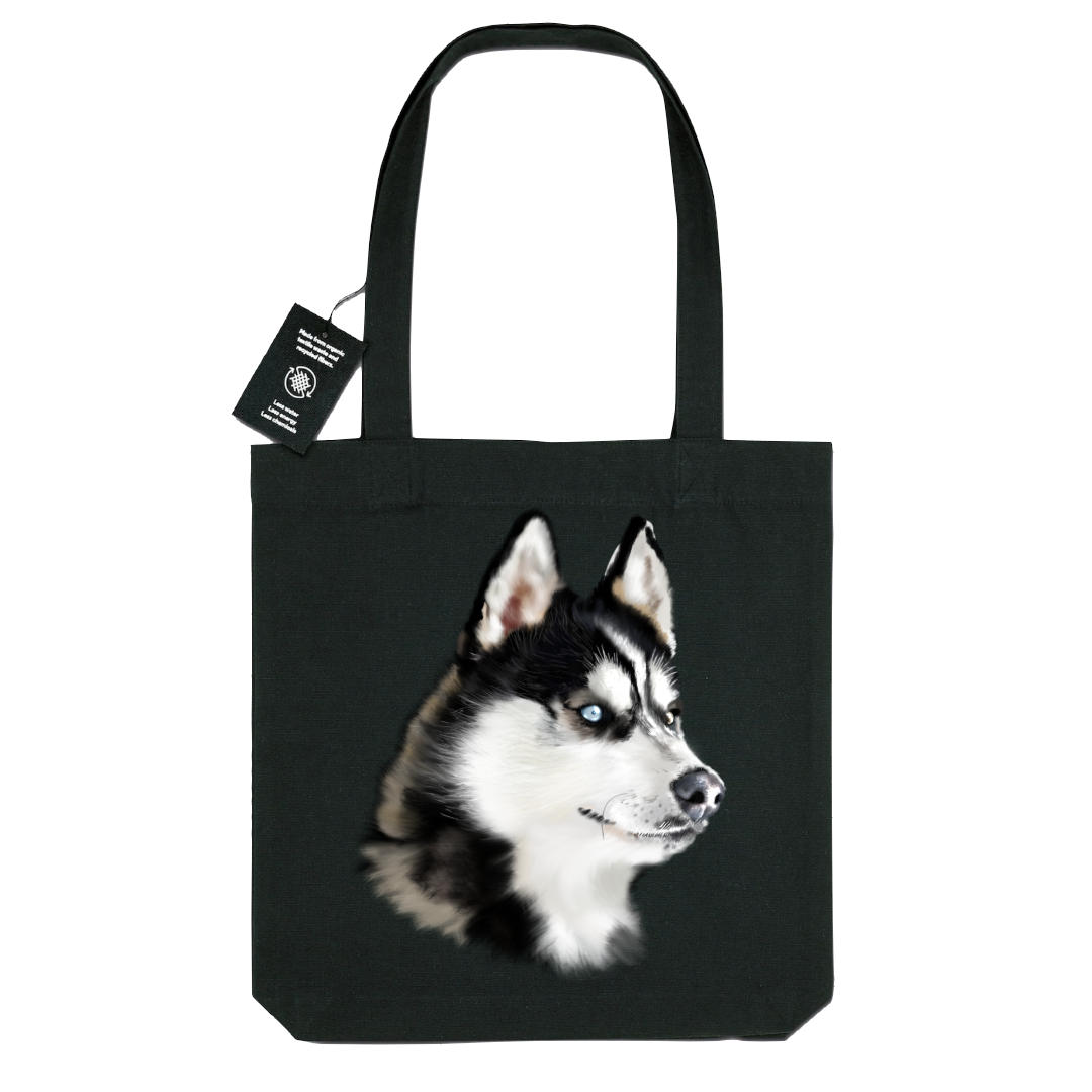 Totebag noir portrait chien husky