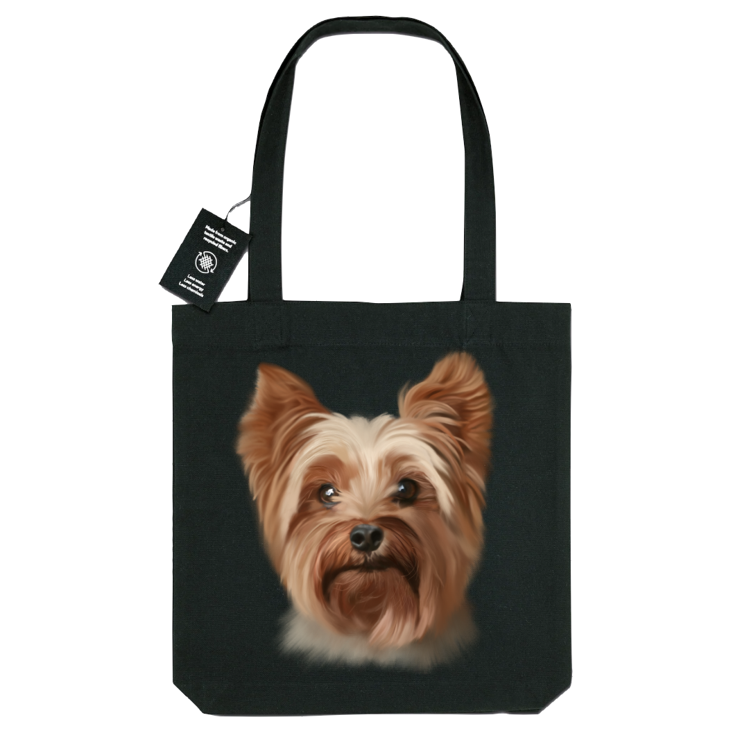 Totebag noir portrait chien Yorkshire